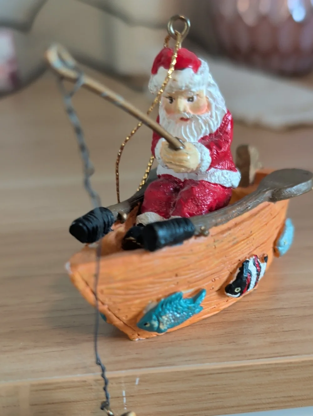 Santa Fishing Boat Ornament - Orange, Red & Blue